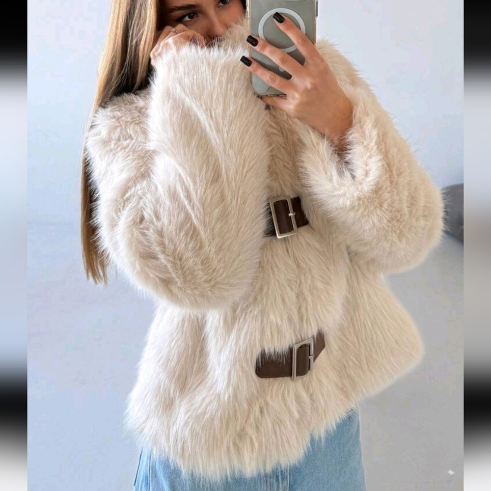Women Stand Collar Fitted Long Sleeve Fluffy Button Apricot Jacket, Warm - Picture 6 of 8